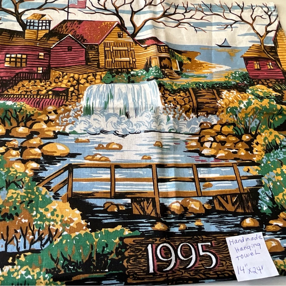 Vintage Calendar Linen Towels 1972 1986 1995 Bird Cherries Stream Covered Bridge - Picture 5 of 7